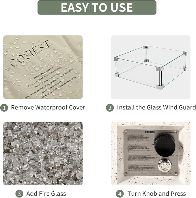 COSIEST Outdoor Propane Fire Pit Table, 56" x 28" Rectangle Terrazzo White Concrete-Like Finish, CSA Certified, 50,000 BTU Stainless Steel Burner w Transparent Gray Fire Glass, Wind Guard, Raincover