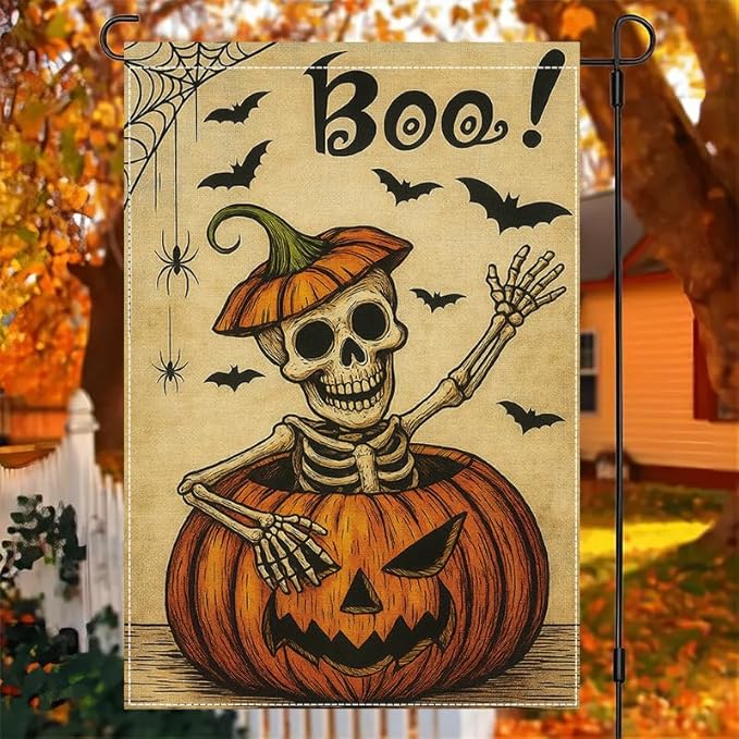 Halloween Garden Flag 12x18 Inch Boo Skeleton Pumpkin Yard flag Double Sided Spooky Outdoor Lawn Porch Patio Party Decoration Holiday Decor