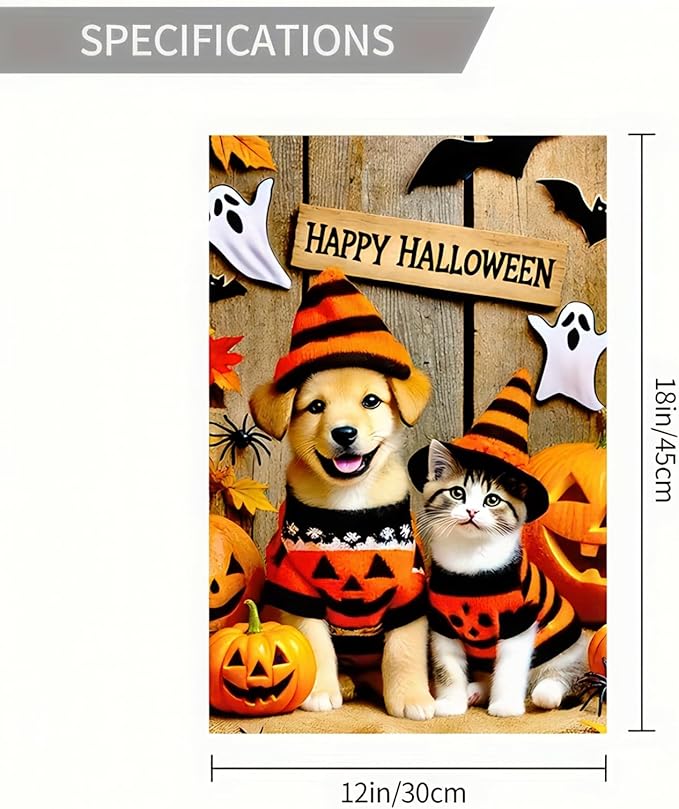 Happy Halloween Garden Flag Double Sided 12x18 Flag Cute Cat And Dog Pumpkin Garden Flag Sweaters And Witch Hats Jack-O'-Lanterns And Ghosts Outdoor Yard Lawn Decoration Banner