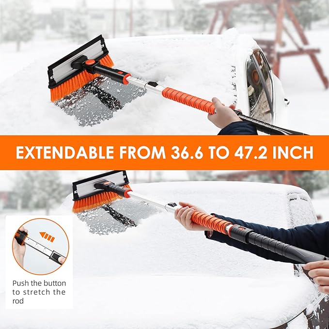 AstroAI 47.2" Ice Scrapers for Car Windshield, 3 in 1 Sturdy Snow Brush with Squeegee, 10 Adjustable Length Settings, Extendable Aluminum Handle, 180° Pivoting Snow Scraper for Car, Truck, SUV(Orange)
