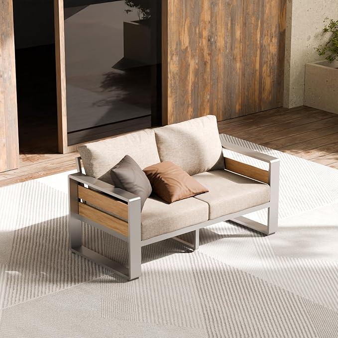 ZANDOR Aluminum Outdoor Patio Furniture - 1 Pcs Loveseat and Coffee Table, All-Weather Metal Modern Outside Furniture with Washable Thick Cushion for Garden/Backyard/Porch, Silver