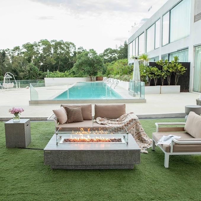 Hampton Concrete Fire Pit 56" x 32" Outdoor Patio Firepit Includes Lava Rocks Modern Fire Pits & Outdoor Fireplaces for Garden, Deck, Indoor & Outdoor Heating