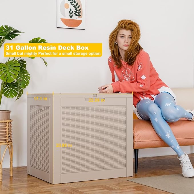 ROJIK Outdoor Storage Housing Deck Box - Waterproof Patio Furniture, Garden Tools, Cushions, Pool Accessories Storage Bench with Lockable Lid and Side Handles (Grey Rattan, 30 Gal)