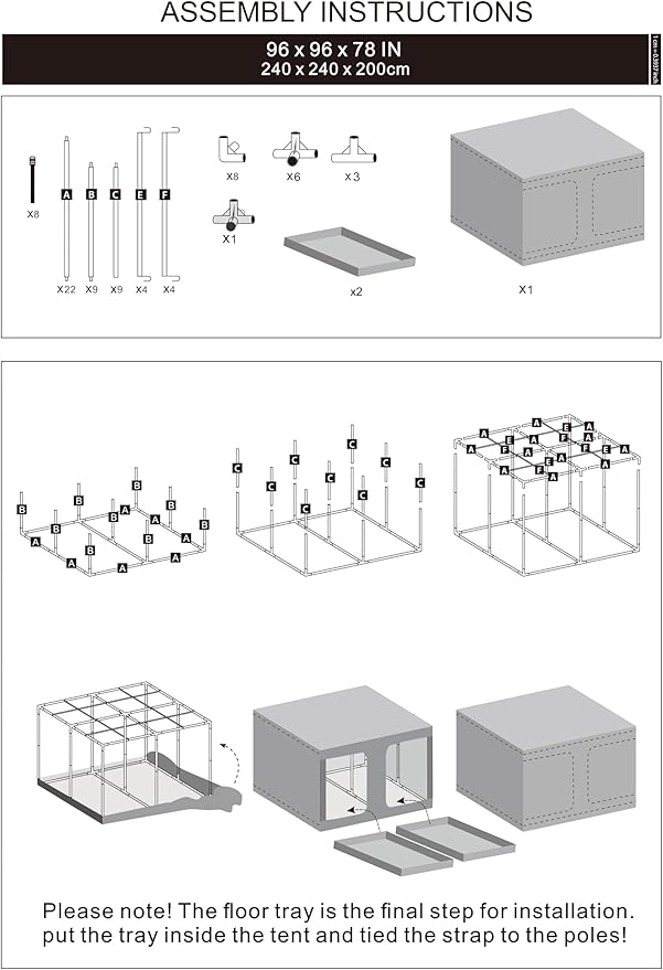 Grow Tent 96"x96"x78" Hydroponic 600D Mylar Grow Tent Reflective Garden Growing Dark Room with Observation Window, Removable Floor Tray for Indoor Plant Growing 8x8