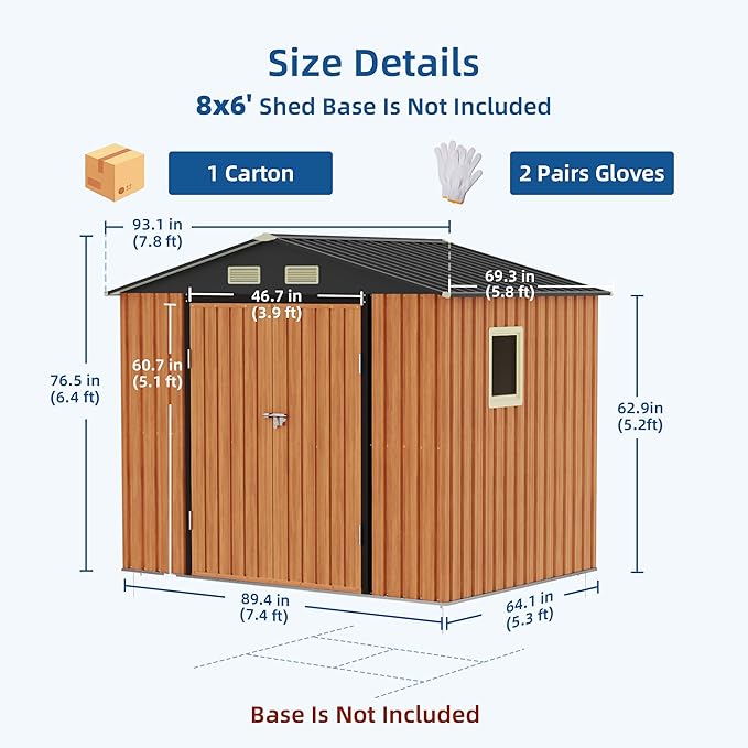 8x6FT Outdoor Storage Shed, Metal Garden Shed with Lockable Doors and Window, Large Tool Shed for Backyard, Patio and Lawn