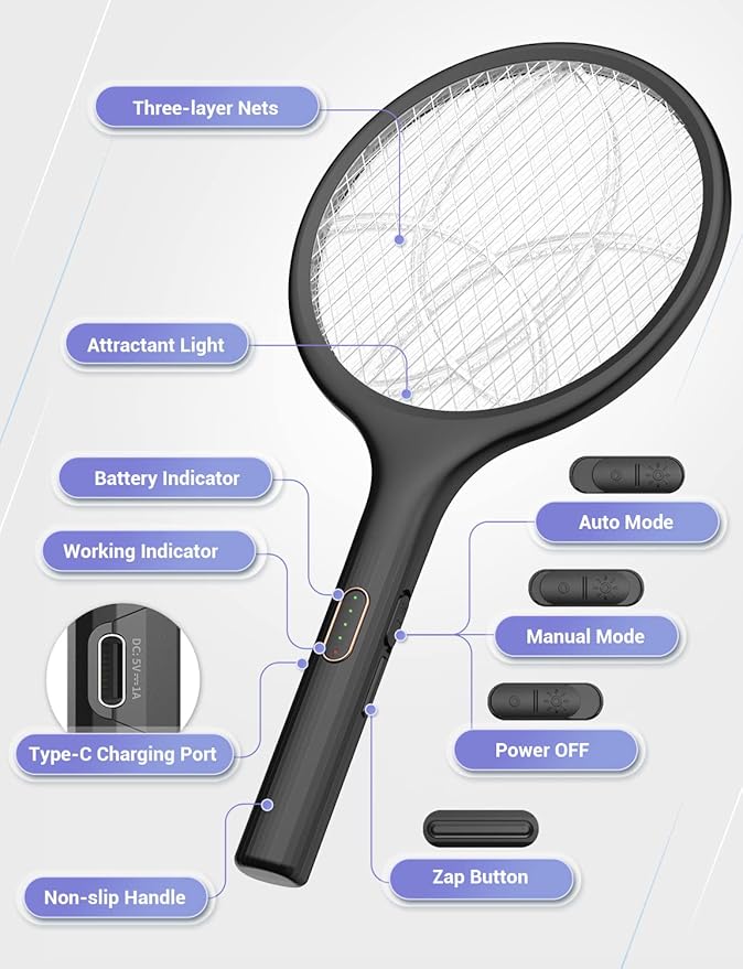 YISSVIC Electric Fly Swatter 4000V Bug Zapper Racket Dual Modes Mosquito Killer with Purple Mosquito Light Rechargeable for Indoor Home Office Backyard Patio Camping (Black-2 Pack)