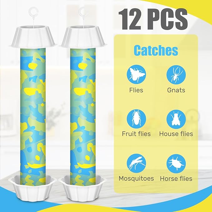 Qualirey 12 Pcs Sticky Fly Trap Fly Stick with Hanging Hook Adhesive Flying Catcher for Indoor Outdoor Trap Houseflies and Flying Insects Mosquito Bee Wasp Moth (Camouflage Style)
