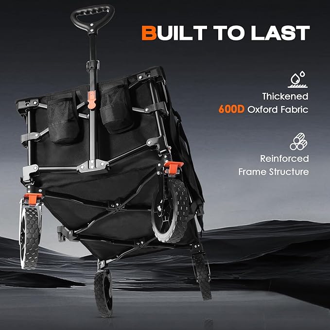 Navatiee 140L Collapsible Foldable Wagon with Wheels, Large Capacity Foldding Wagon Cart with Side Pocket and Brakes, Grocery Shopping Cart for Garden Outdoor Use, Black