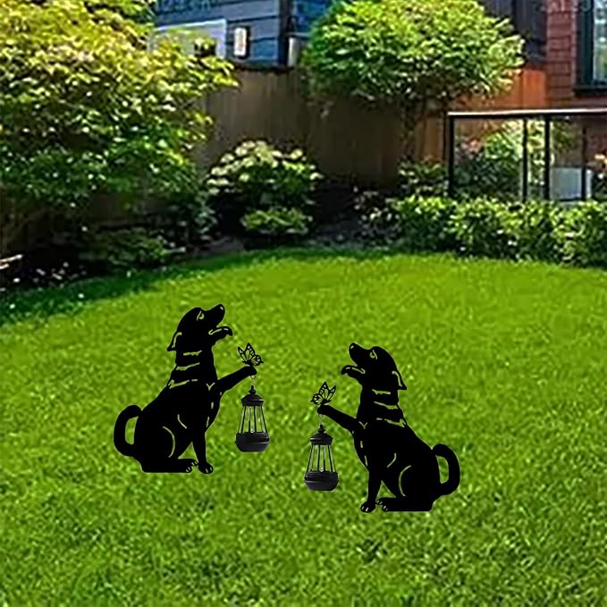Solar-Powered Black Dog Garden Decor Stakes - Metal Silhouette Figurine for Outdoor Yard, Lawn, and Patio Decoration