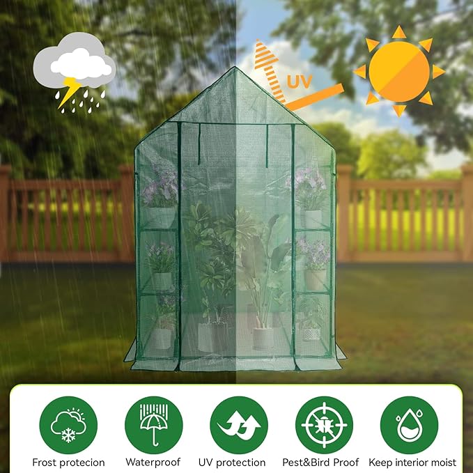 Walk in Greenhouse with Shelves,Walk-in Plant Plastic Green House with Windows Green PE Cover, 3 Tiers 6 Shelves Greenhouse Frame Stands with Ground Pegs & Ropes,56" L x 29" W x 77" H