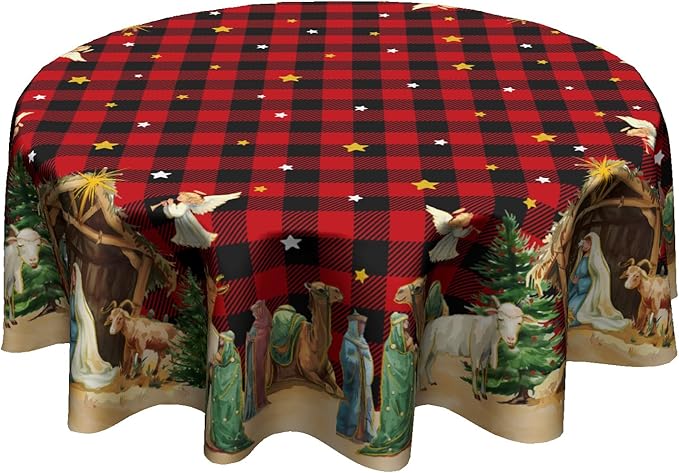 Giwawa Xmas Round Tablecloth 60 Inch, Farmhouse Vintage Red Buffalo Plaid Reusable Washable Polyester Table Cover for Party Picnic Dinner Indoor Outdoor Winter Holiday Decor