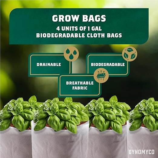 DYNOMYCO Mix 4-in-1 Mycorrhizal Grow Kit for Bigger Yields & Healthier Plants - Includes Concentrated Mycorrhizae, MHB & Bio-stimulants, Premium Coco Coir, and Biodegradable Grow Bags