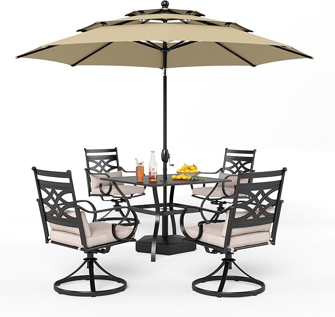 PHI VILLA Outdoor Patio Dining Set for 4 with 10ft 3-Layer Auto-tilt Round Umbrella(Beige),Includes 4 Outdoor Swivel Chairs with Cushions and a Metal Square Table, Perfect for Garden, Lawn, or Deck