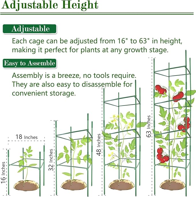 3Pack 18.5" Width Up to 48" Height Adjustable Square Tomato Cages for Garden, Plant Support Stakes for Climbing Vegetable, Tomatoe, Flower, with Twist Ties Snap-On Stake Arms