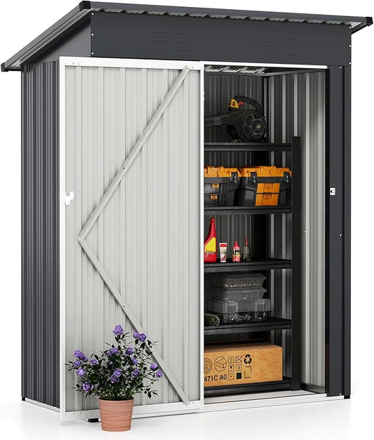 Goplus 5 x 3 FT Outdoor Storage Shed, Galvanized Metal Tool House w/Sloped Roof, 2 Vents, Lockable Door, Waterproof & Windproof Utility Tool Organizer for Garden, Backyard, Lawn, Patio, Gray