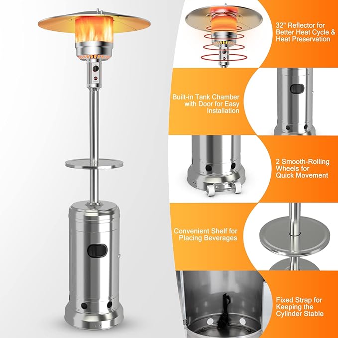 Giantex Outdoor Propane Heater, 48000 BTU Standing Gas Heater w/Shelf Tabletop & Wheels, Tip-Over Protection & Auto Shut Off, CSA Certified, Portable Patio Heater for Home & Commercial Use (Silver)