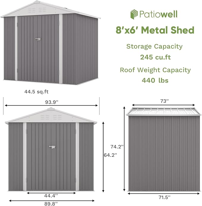 Patiowell 8x6 FT Outdoor Storage Shed, Garden Storage Shed with Sloping Roof and Double Lockable Door, Outdoor Shed for Backyard Garden Patio Lawn, Gray