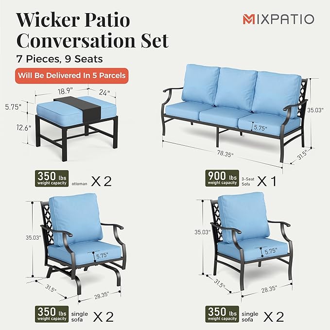 Patio Furniture Set 7 pcs, Outdoor Patio Furniture, 3-Seat Sofa, 2 Single Chairs, 2 Rocking Chairs, 2 Ottomans and 5.75" Extra Thick Cushion, Patio Conversation Set for Backyard Deck,Blue