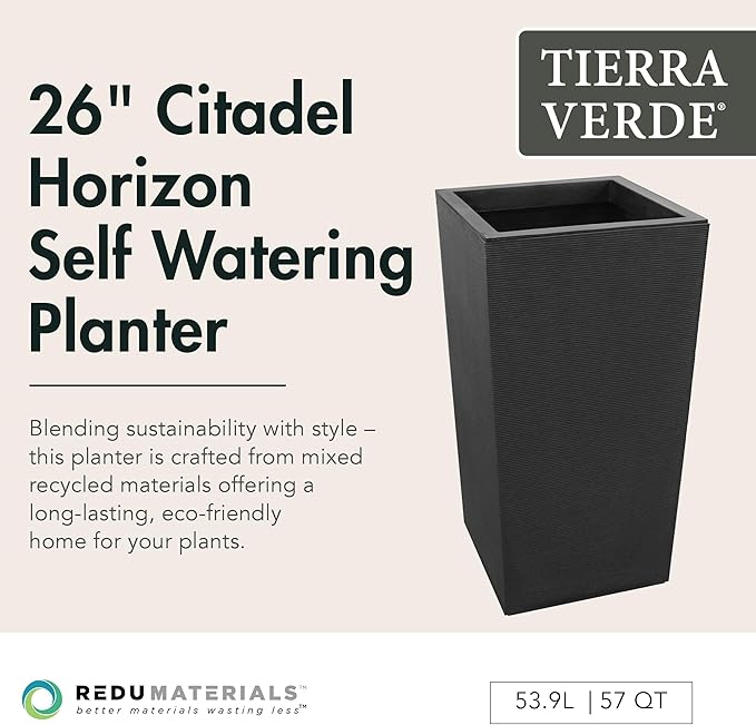 Tierra Verde Indoor & Outdoor Self-Watering Square Planter, Citadel Horizon, 13.5" x 26", Black - Planting Containers for Plants and Flowers - Gardening and Landscaping Accessories