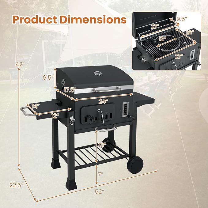 Happygrill Barrel Charcoal Grill with 2 Folding Side Tables, 24-Inch Outdoor Barbecue Grill w/544 sq.in Cooking Area, 6-Gear Charcoal Tray & Storage Shelf, Portable Griddle w/Wheels for Camping Picnic