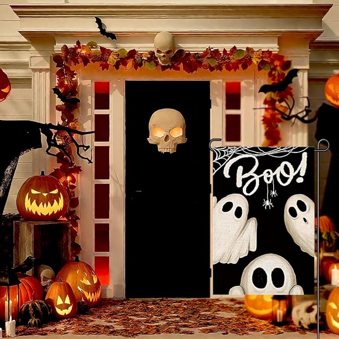 Spooky Ghost Boo Garden Flags for Outside 12x18 Inch Double Sided Burlap, Welcome Sign Halloween Small Flag Banner Farmhouse Holiday Yard Lawn Outdoor Decorations DF878