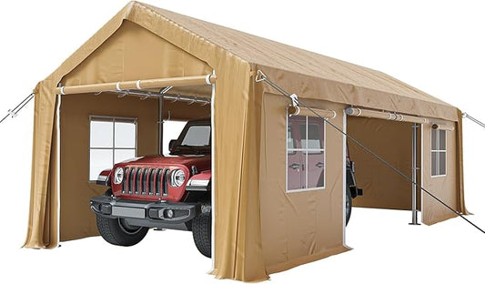 GAOMON 10x20 Ft Carport Heavy Duty Canopy, Portable Garage with Removable Sidewalls Doors & Windows, All Season Waterproof Tarp Outdoor Storaeg Shed for Car Truck Boat Party, Khaki