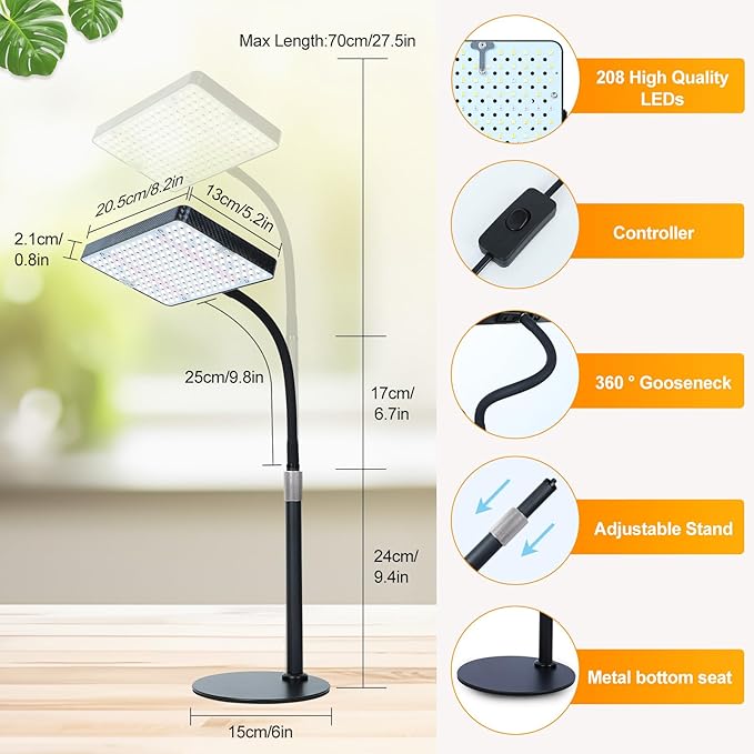 Table Top Grow Light for Seed Starting, Seedlings, Vegetable, Bonsai, 25 Watt Brightest Full Spectrum Desk Plant Lights for Indoor Growing, Adjustable Height 16"-24", Daisy Chain Function