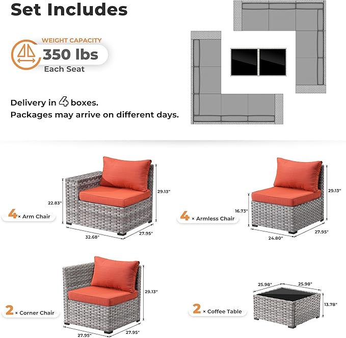 ovios 12 Pieces Patio Furniture Set, Outdoor Wicker Sectional Sofa with Glass Table Comfy Cushions, Modern Modular Deep Seat Couch Rattan Conversation Set, Orange Red