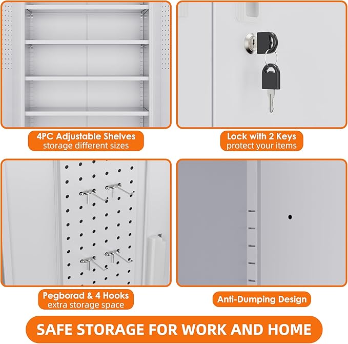 Metal Storage Cabinet with Wheels, Garage Storage Cabinet with 4 Adjustable Shelves and Pegboard for Garage Home Office Utility Room,73" H×31.57" W×15.71" D,Required Assembly,White