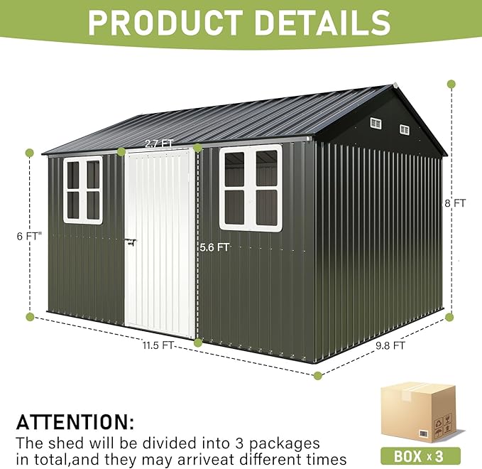 Vanacc 12x10.3x8.1 FT Galvanized Steel Outdoor Storage Shed with a Lockable Hinged Door and 2 Windows, Metal shed for Garden, Backyard, Dark Grey/White