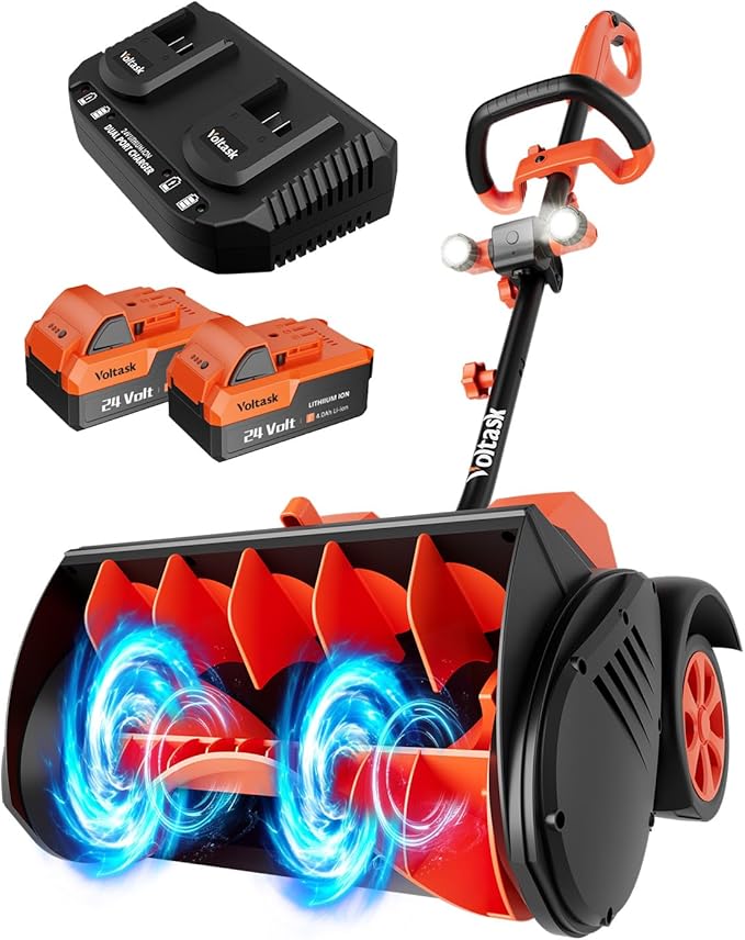 VOLTASK 48V (2 * 24V) 15.8” Cordless Snow Shovel, Brushless Battery Snow Blower, Battery Powered Snow Thrower with Wheels and LED Lights, 2 * 4Ah Battery and Charger Included