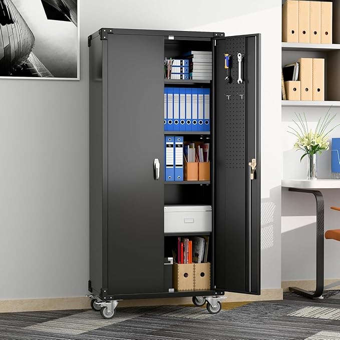 Metal Garage Storage Cabinet with Wheels and Pegboard, 72" H Rolling Steel Storage Cabinet with 4 Adjustable Shelves and Lockable Door for Garage, Office, Home,Required Assembly,Black