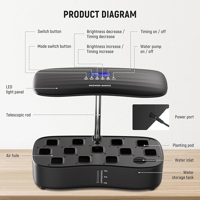 NEEWER Basics Hydroponics Growing System Kit with LED Plant Light/3 Growing Modes/12 Pods/Timer/LCD/Smart Quiet Pump, Touch Light Planter for Herb Garden Vegetables Flowers Indoor Gardening, HGS01