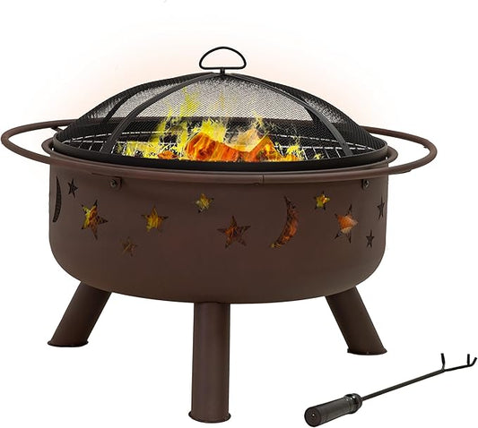 Sunnydaze Cosmic 30-Inch Patio Fire Pit for Outside - Outdoor Wood-Burning Fire Pit with Grill Grate, Spark Screen, and Fireplace Poker