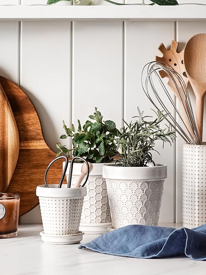 LE TAUCI Ceramic Succulent Pots, 4 Inch Small Plant Pot for Indoor Plant Cactus, Embossed Flower Pots with Drainage Hole & Saucer - Set of 4, Arctic White