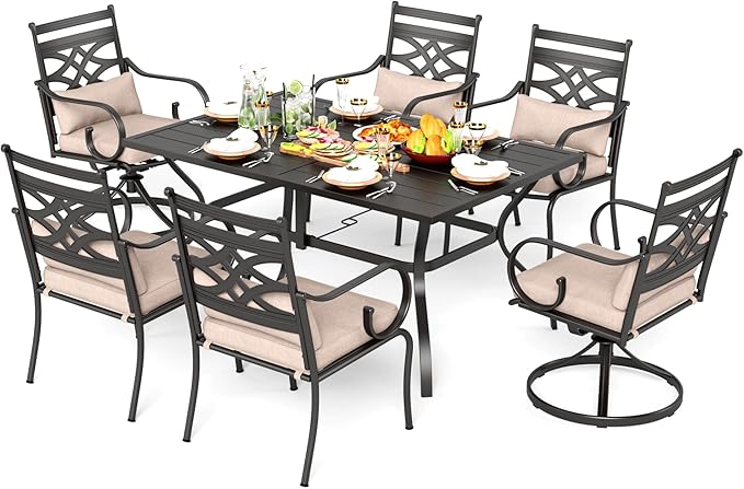 PHI VILLA 7 Pcs Patio Dining Sets,Outdoor Table Chair Set for 6 with 2 Outdoor Swivel Chairs and Metal Rectangular Table,Outdoor Dining Furniture with Cushion and Pillow for Garden Lawn Deck