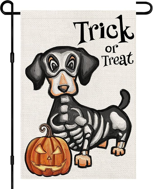 Halloween Trick or Treat Garden Flag Ghost Dog 12x18 Inch Small Double Sided Burlap Welcome Yard Dachshund Skeleton Outside Decorations DF342