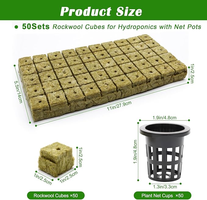 100 Pcs Rockwool Cube for Hydroponics with Net Pot, 50P 1Inch Rockwool Stonewool Plug & 50P 1.5Inch Net Cup for Seed Starter Soilless, Hydroponics, Plant Germination Start (Black)