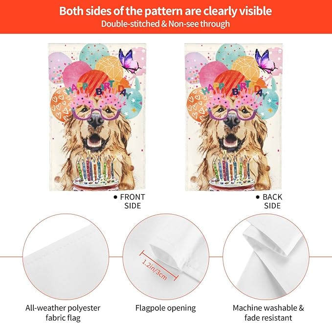 Happy Birthday Cake Balloon Ribbon Golden Dog Retriever Garden Flag Welcome Party Outdoor Outside Decorations Picks Home House Garden Yard Decor 12x18 Inch
