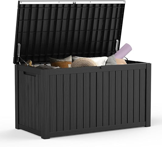 Mars Villa 180 Gallon Outdoor Storage Box, Large Resin Deck Box Waterproof, Storage Bin for Outside Patio Furniture Cushions, Pool Supplies, with Hydraulic Hinge, UV Resistant and Weatherproof, Black