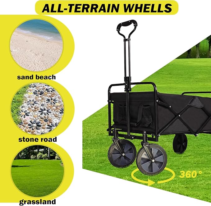 Collapsible Wagon Cart, Heavy Duty Folding Wagon with Telescopic Handle, Double Cloth Pockets, Portable Utility Garden Cart with All-Terrain Wheels for Shopping, Sports, Camping, Black