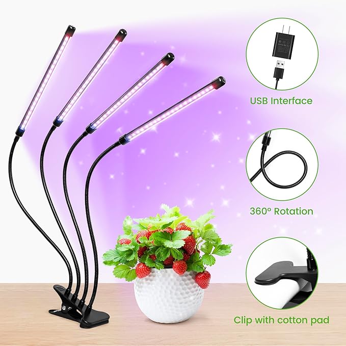 Clip Grow Light for Indoor Plants, Red Blue Spectrum Plant Growing Lamp with 3 Switch Modes,10-Level Dimmable,Auto ON & Off,3/9/12H Timer,Adjustable Gooseneck,1800 Lumen,Input Volateg 15W