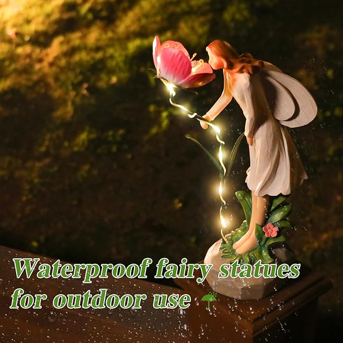 Fairy Garden Statue Outdoor Decor, Solar Powered Garden Sculptures Fairy Resin Statues Waterproof Pink Flower Solar LED Lights Yard Art Decorations for Outside Patio Lawn Decor