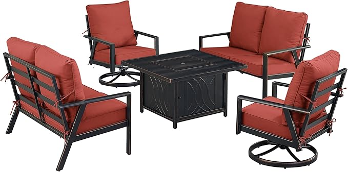 Oakland Living Black Aluminum Patio Fire Table Set with Two Deep Seating Loveseat with Cushions and Two Club Chairs with Red Cushions