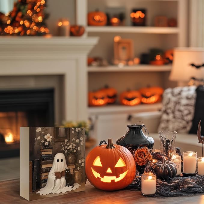 Mtrgdn Cute Halloween Decor,Halloween Decorations Indoor,Ghost with Black Cat Desk Decor Wooden Box Sign,Halloween Home Office Kitchen Bathroom Bedroom Coffee Bar Table Shelf Wall Decorations,5x5 Inch