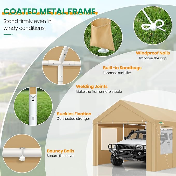 COBIZI Carport Canopy 12x20 Heavy Duty Portable Garage with Roll-Up Ventilation Windows & Doors, Removable Sidewalls Car Canopy Tent Waterproof with Built-in Sandbags for Cars, Boats, Trucks, Khaki