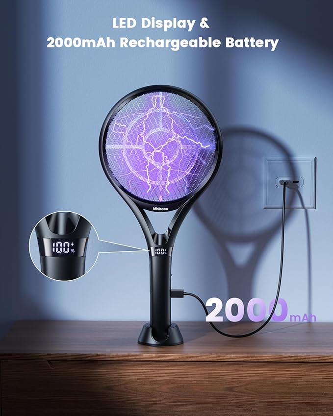 Minimoon Electric Fly Swatter with LED Display, 2000mAh Rechargeable Fly Swatter Racket, 2500V Bug Zapper Racket Dual Modes, Mosquito Killer Lamp with 3 Layers Safety Mesh for Indoor Outdoor Camping