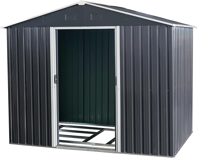 6x8 FT Outdoor Storage Shed, Metal Garden Shed with Frame Floor, Outside Tool Shed with Lockable Sliding Doors, Waterproof Storage Building with Sloped Roof for Backyard, Patio, Lawn, Black