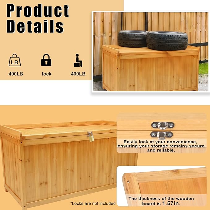 65 Gallon Outdoor Solid Wood Deck Box, Fir wood storage box Deck Box with Sealed Hinged Lid, Furniture Storage Cabine Patio Tool, Backyard Tool, Garden Tool, Pool Equipment, Camping Gear