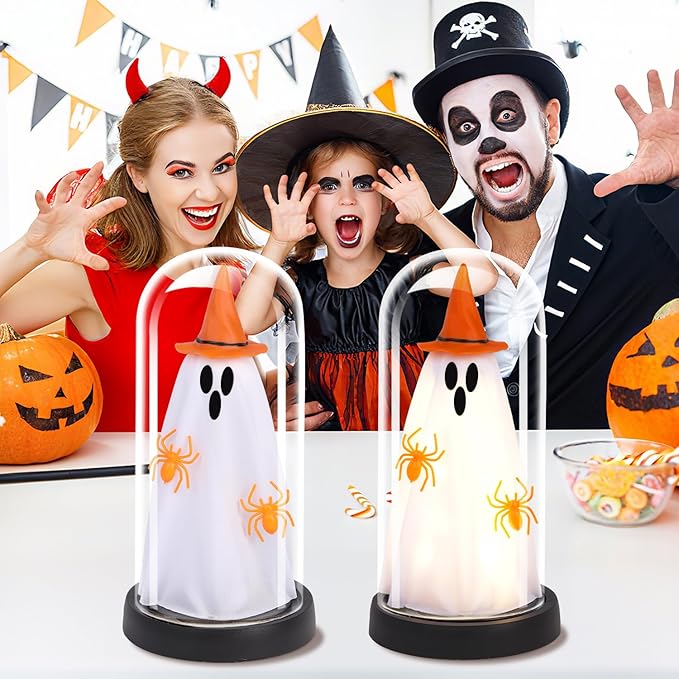 Halloween Decor-Halloween Decorations Indoor-Light Up Ghost in Glass Cloche-Cute Ghost with Light for Home Kitchen Mantel Tabletop Party Decor- Ghost-Orange